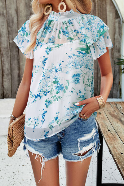 Printed Ruffled Mock Neck Blouse - Flyclothing LLC