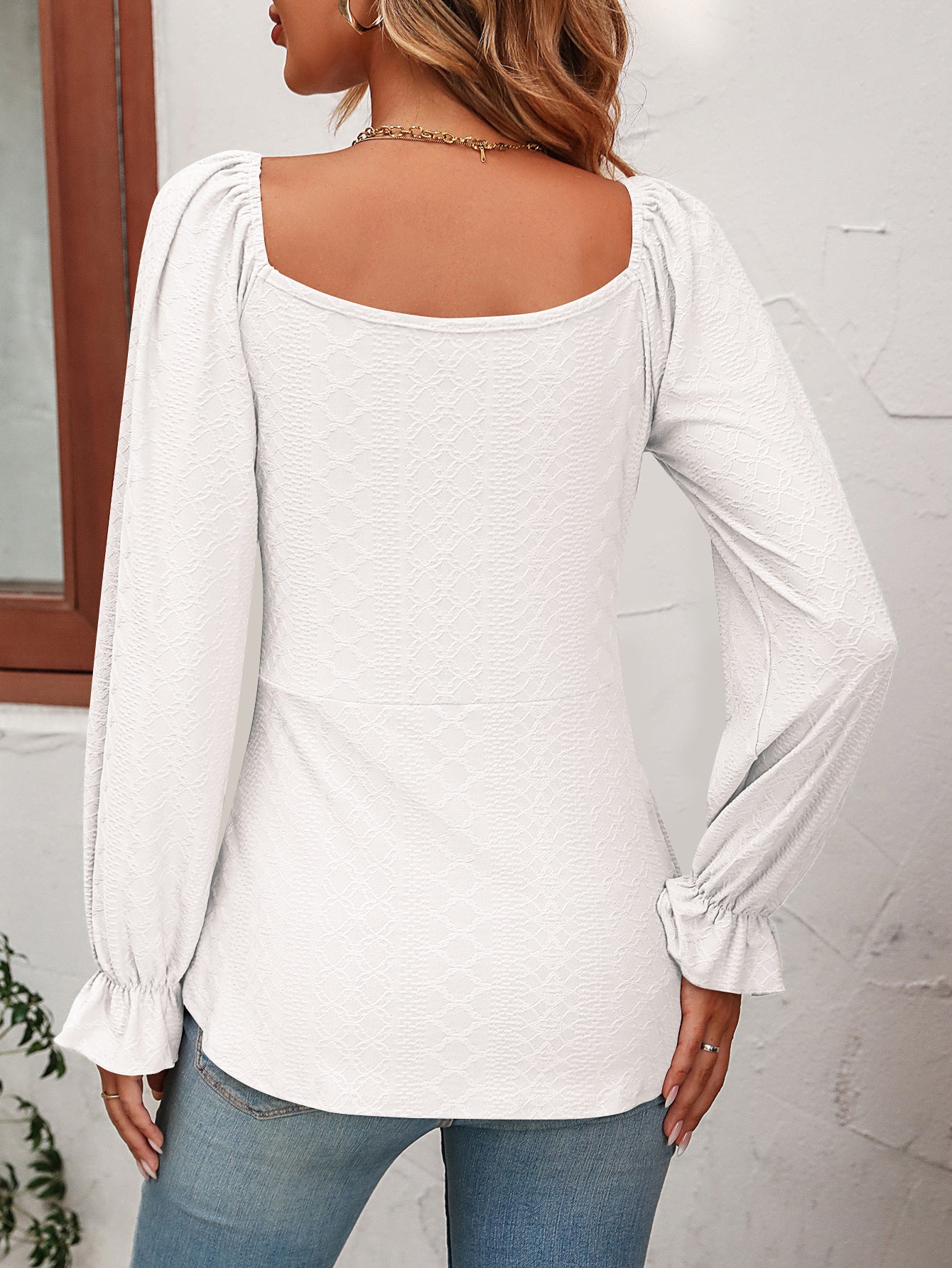 Tie Front V-Neck Puff Sleeve Blouse - Flyclothing LLC