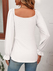 Tie Front V-Neck Puff Sleeve Blouse - Flyclothing LLC