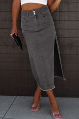 Raw Hem Slit Pocketed Midi Denim Skirt - Flyclothing LLC