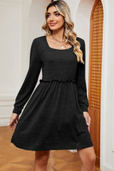 Frill Square Neck Long Sleeve Dress - Flyclothing LLC