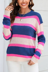 Color Block Round Neck Dropped Shoulder Sweater - Flyclothing LLC