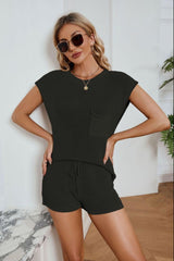 Ribbed Round Neck Pocket Knit Top and Shorts Set - Flyclothing LLC