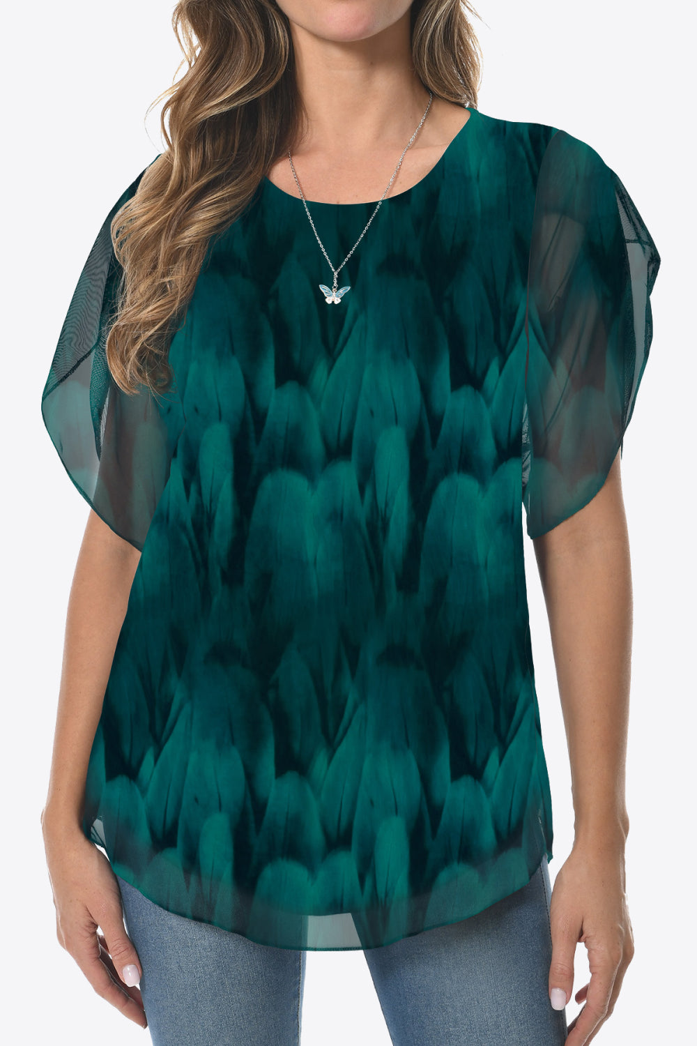 Printed Round Neck Curved Hem Blouse - Flyclothing LLC