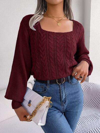 Cable-Knit Square Neck Long Sleeve Sweater - Flyclothing LLC