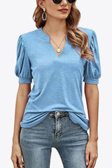 Notched Neck Puff Sleeve Tee - Flyclothing LLC