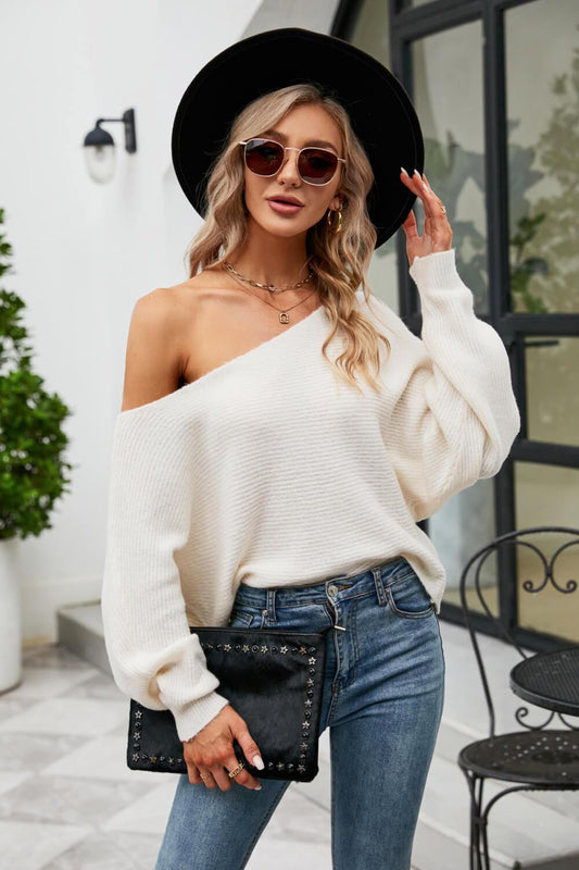 Boat Neck Horizontal Ribbing Dolman Sleeve Sweater - Flyclothing LLC