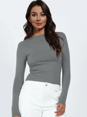 Backless Round Neck Long Sleeve Blouse - Flyclothing LLC