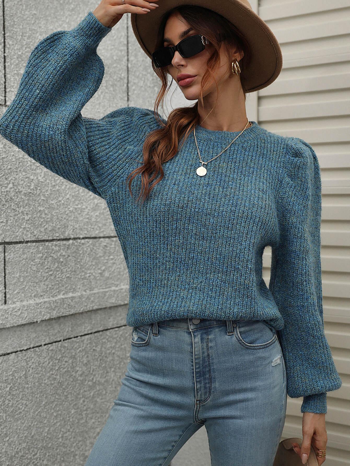 Heathered Long Lantern Sleeve Rib-Knit Sweater - Trendsi