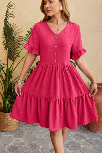 Swiss Dot Ruffled V-Neck Tiered Dress - Flyclothing LLC