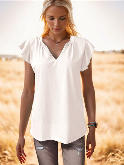 Ruffled Notched Cap Sleeve Tank - Flyclothing LLC