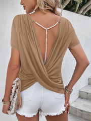 Beads Trim Back Twisted Blouse - Trendsi