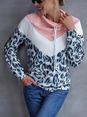 Leopard Color Block Drawstring Sweatshirt - Flyclothing LLC