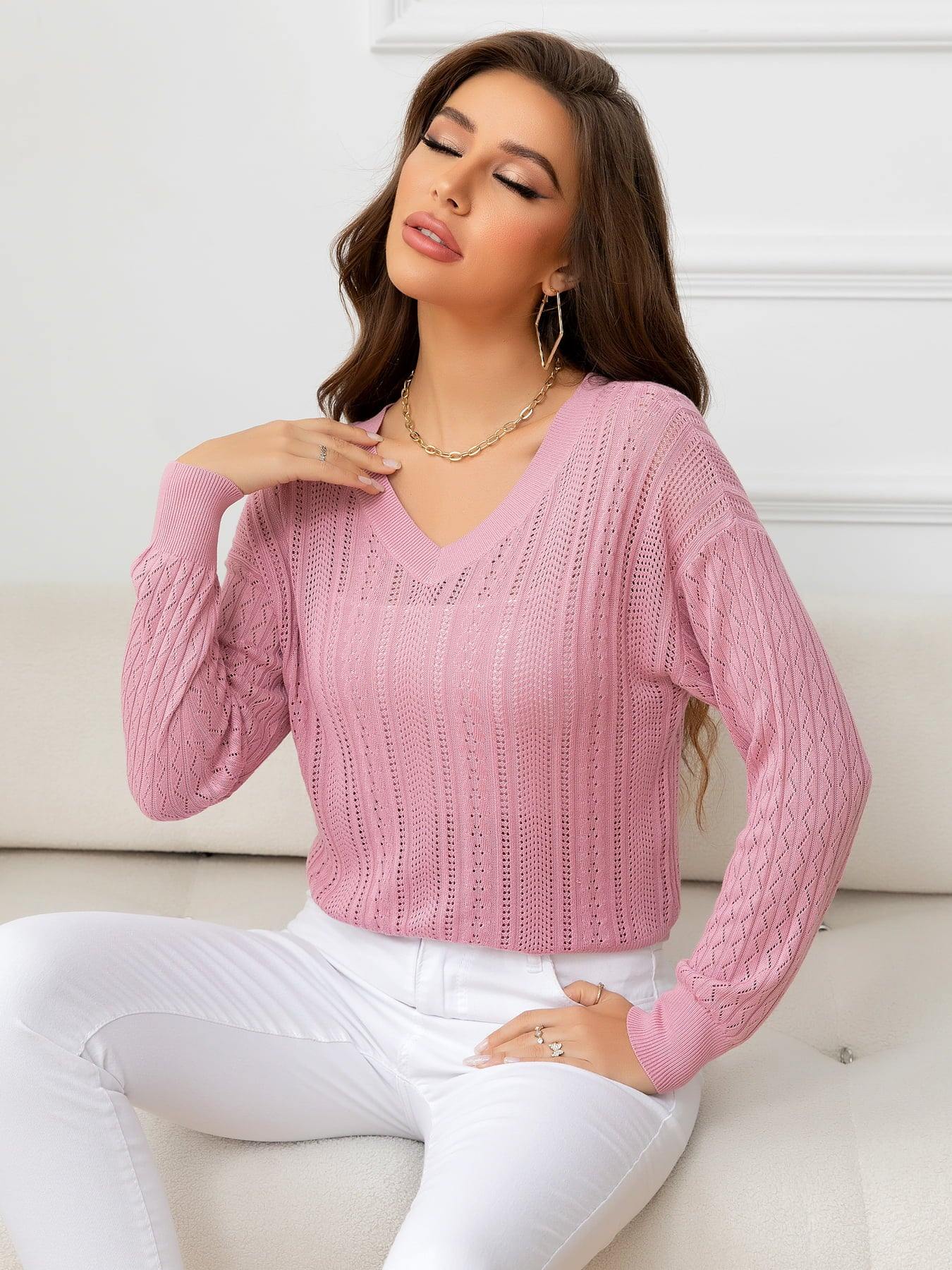 V-Neck Long Sleeve Eyelet Knit Top - Flyclothing LLC