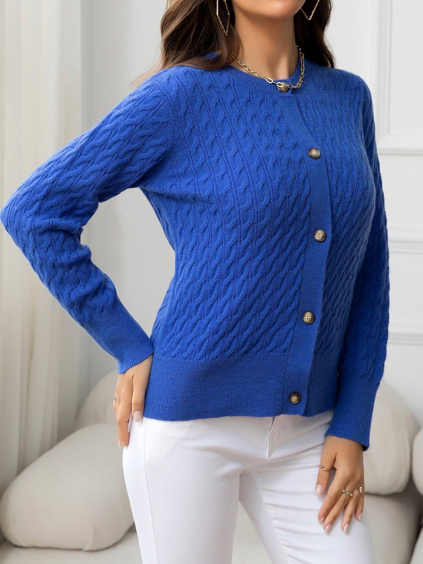 Round Neck Cable-Knit Buttoned Knit Top - Trendsi