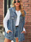 Collared Neck Sleeveless Denim Top with Pockets - Trendsi