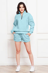 Half Zip Long Sleeve Sweatshirt and Drawstring Shorts Set - Flyclothing LLC