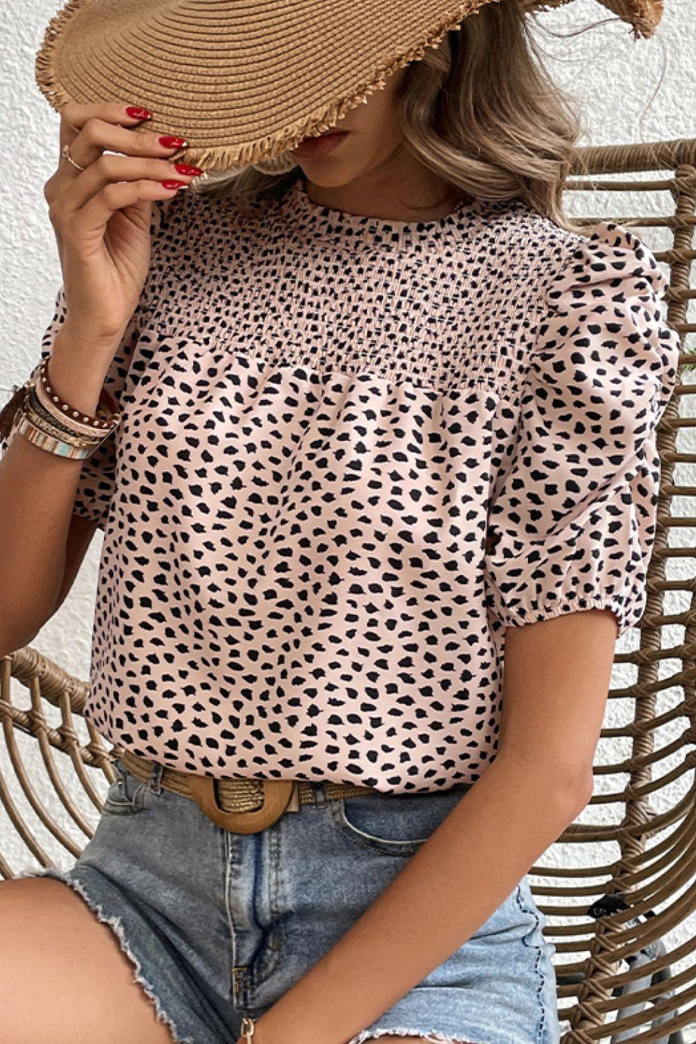 Printed Smocked Puff Sleeve Blouse - Flyclothing LLC