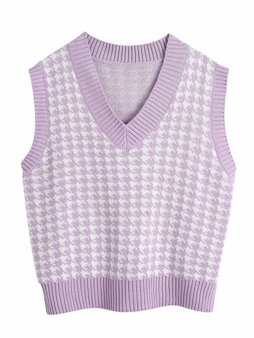 Houndstooth V-Neck Sweater Vet - Trendsi