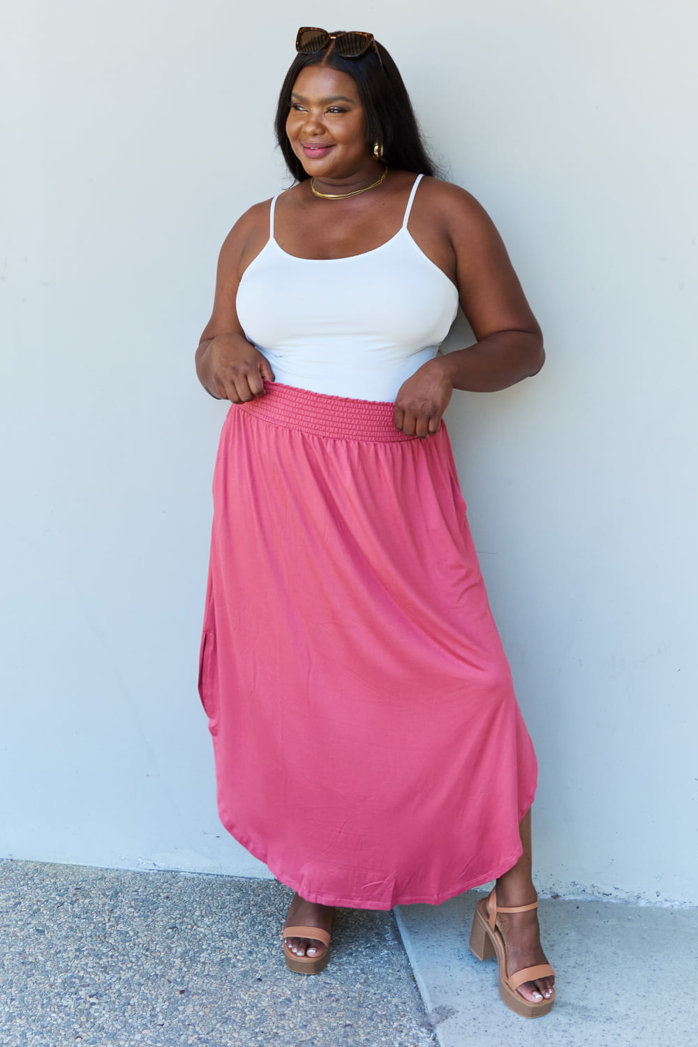 Doublju Comfort Princess Full Size High Waist Scoop Hem Maxi Skirt in Hot Pink - Flyclothing LLC