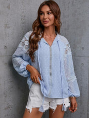 Crochet Tassel Tie Neck Long Sleeve Blouse - Flyclothing LLC