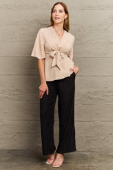 V-Neck Tie Front Half Sleeve Blouse - Flyclothing LLC