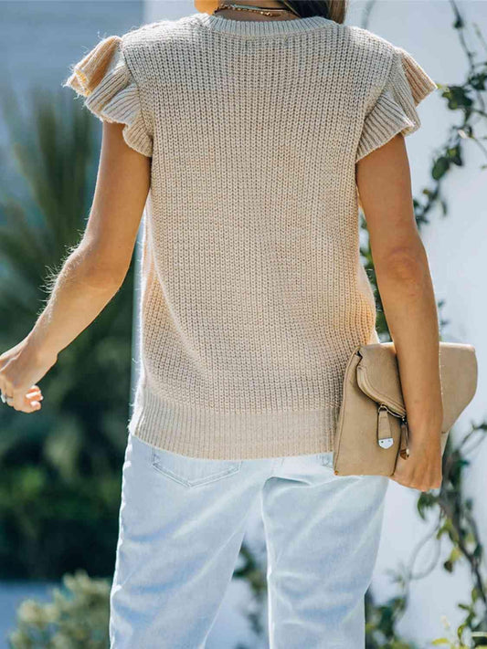 Round Neck Cap Sleeve Sweater - Trendsi