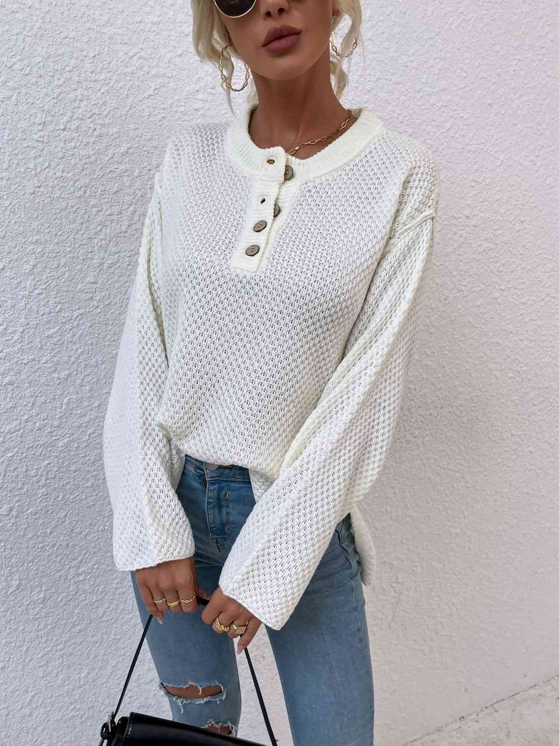 Quarter-Button Slit Sweater - Flyclothing LLC