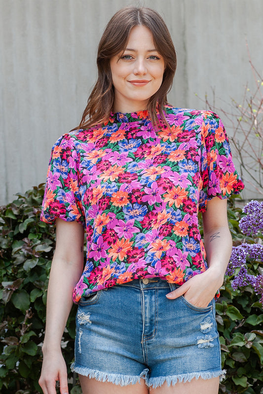 Floral Print Puff Sleeve Round Neck Blouse - Flyclothing LLC