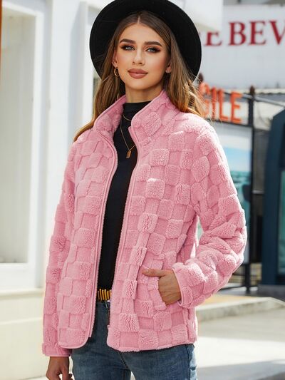 Fuzzy Checkered Zip Up Jacket - Flyclothing LLC