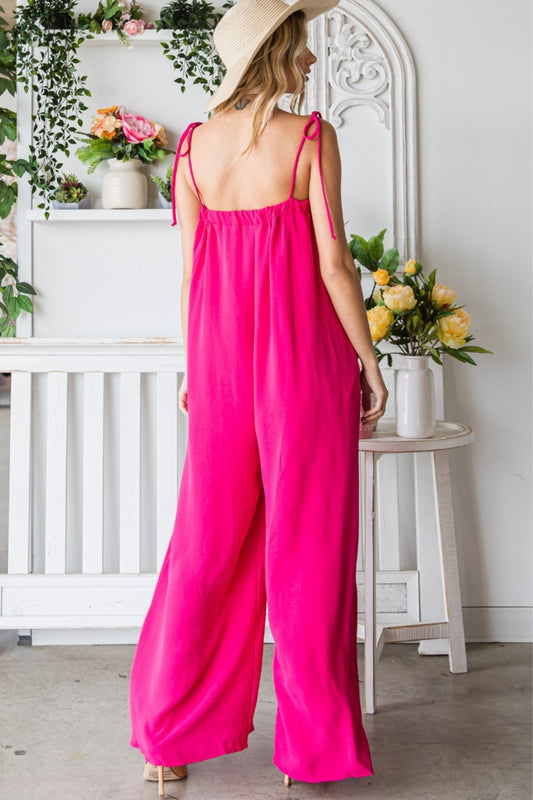 Veveret Pocketed Spaghetti Strap Wide Leg Jumpsuit - Flyclothing LLC