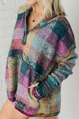 Multicolor Brushed Plaid Buttoned Pullover Oversized Hoodie - Flyclothing LLC