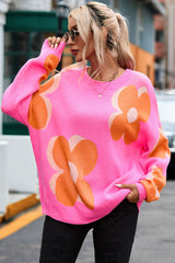 Flower Round Neck Dropped Shoulder Sweater - Flyclothing LLC