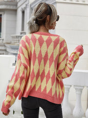 Argyle Button Front Drop Shoulder Cardigan - Flyclothing LLC