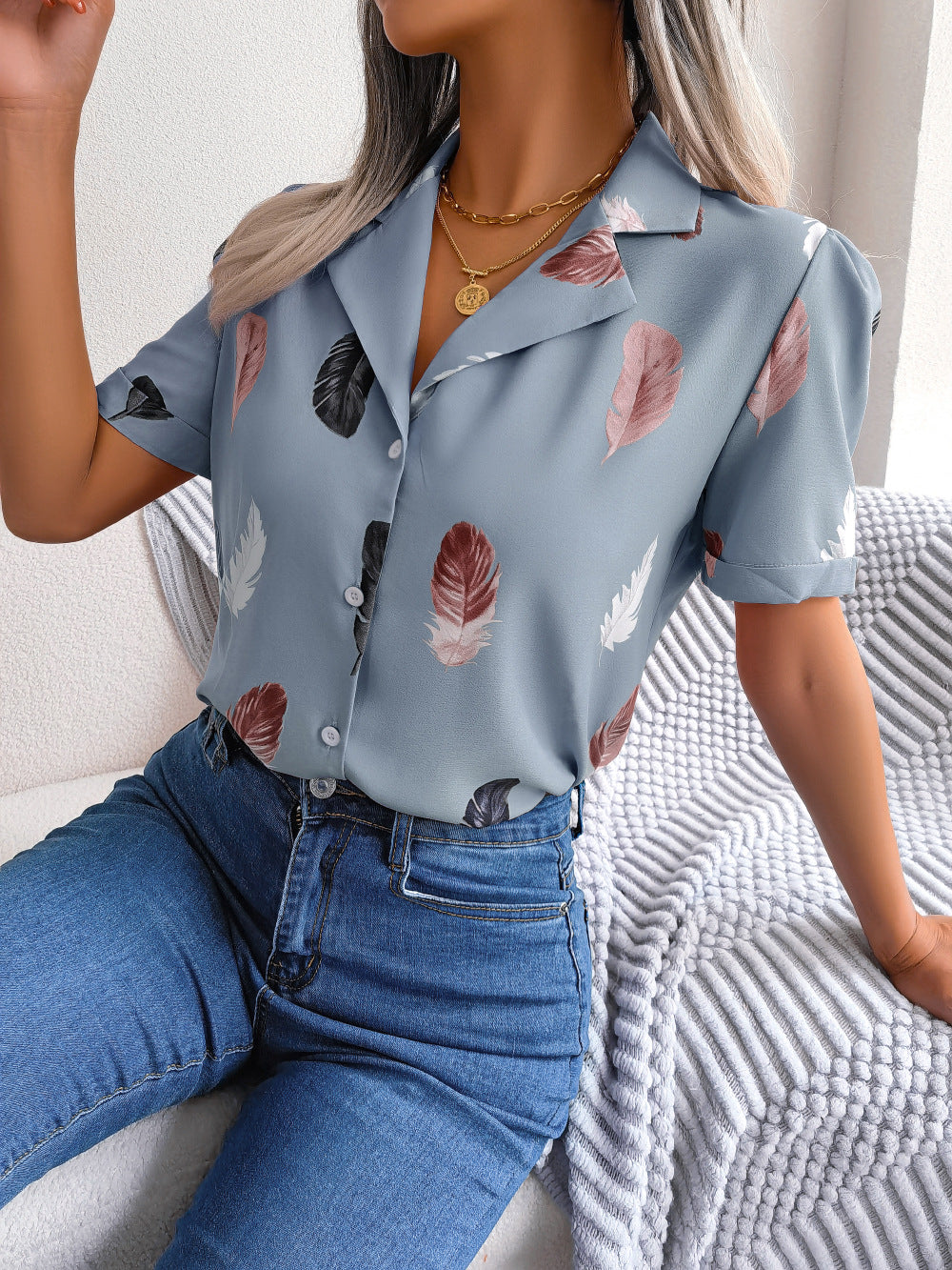 Feather Print Lapel Collar Puff Sleeve Shirt - Flyclothing LLC