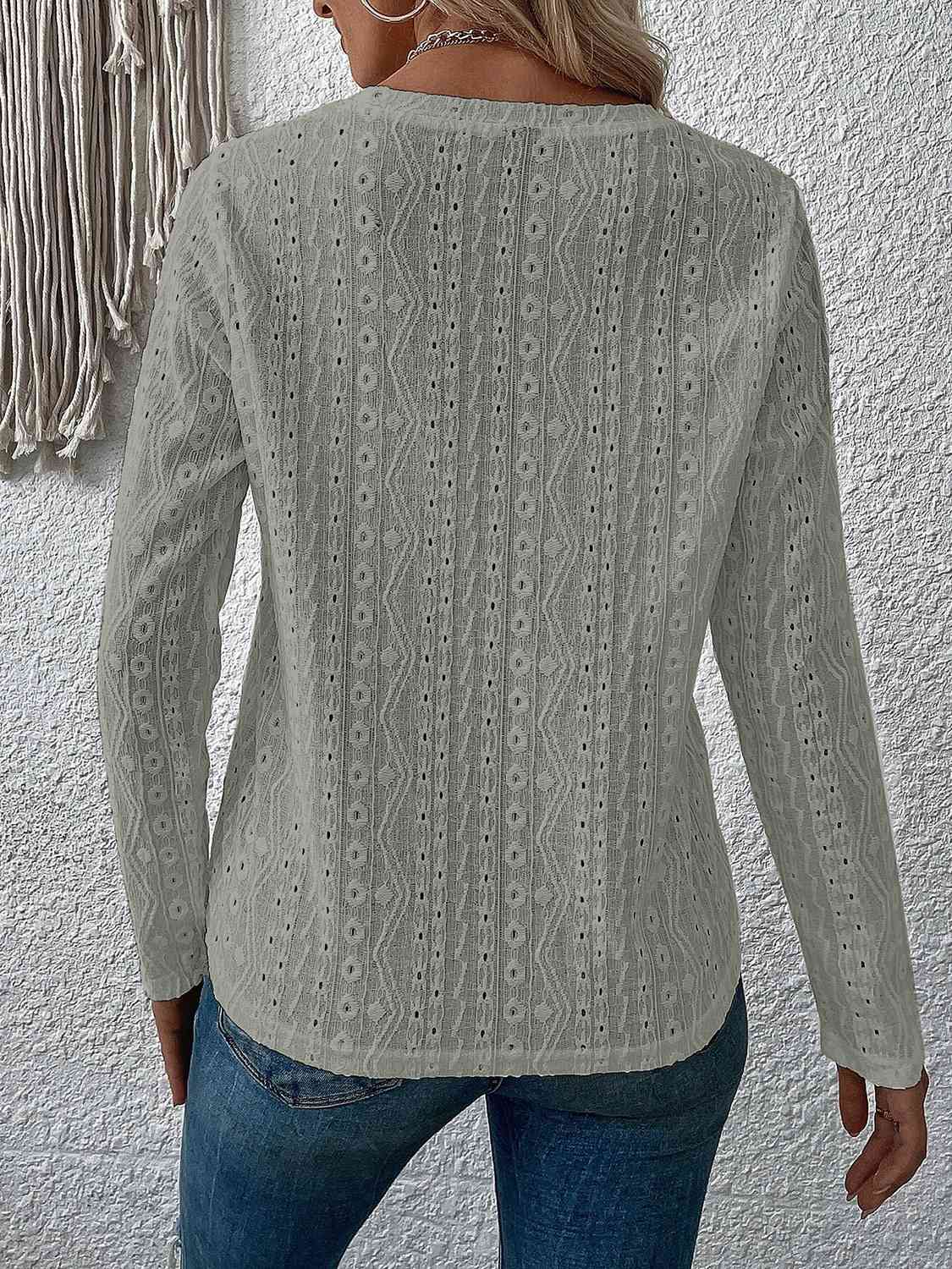 Eyelet Round Neck Long Sleeve Top - Flyclothing LLC