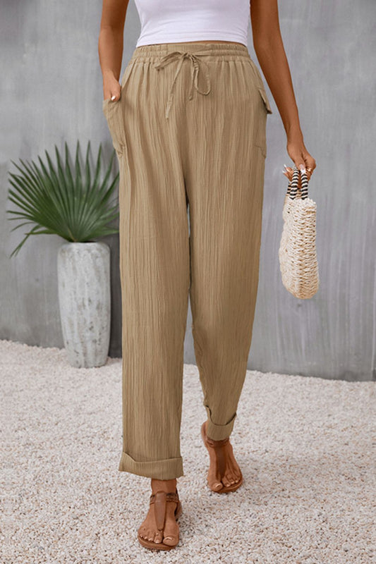 Tie Waist Pocketed Long Pants - Flyclothing LLC