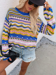 Rainbow Stripe Openwork Flare Sleeve Knit Top - Flyclothing LLC