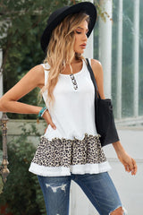 Leopard Color Block Frill Trim Tank Top - Flyclothing LLC