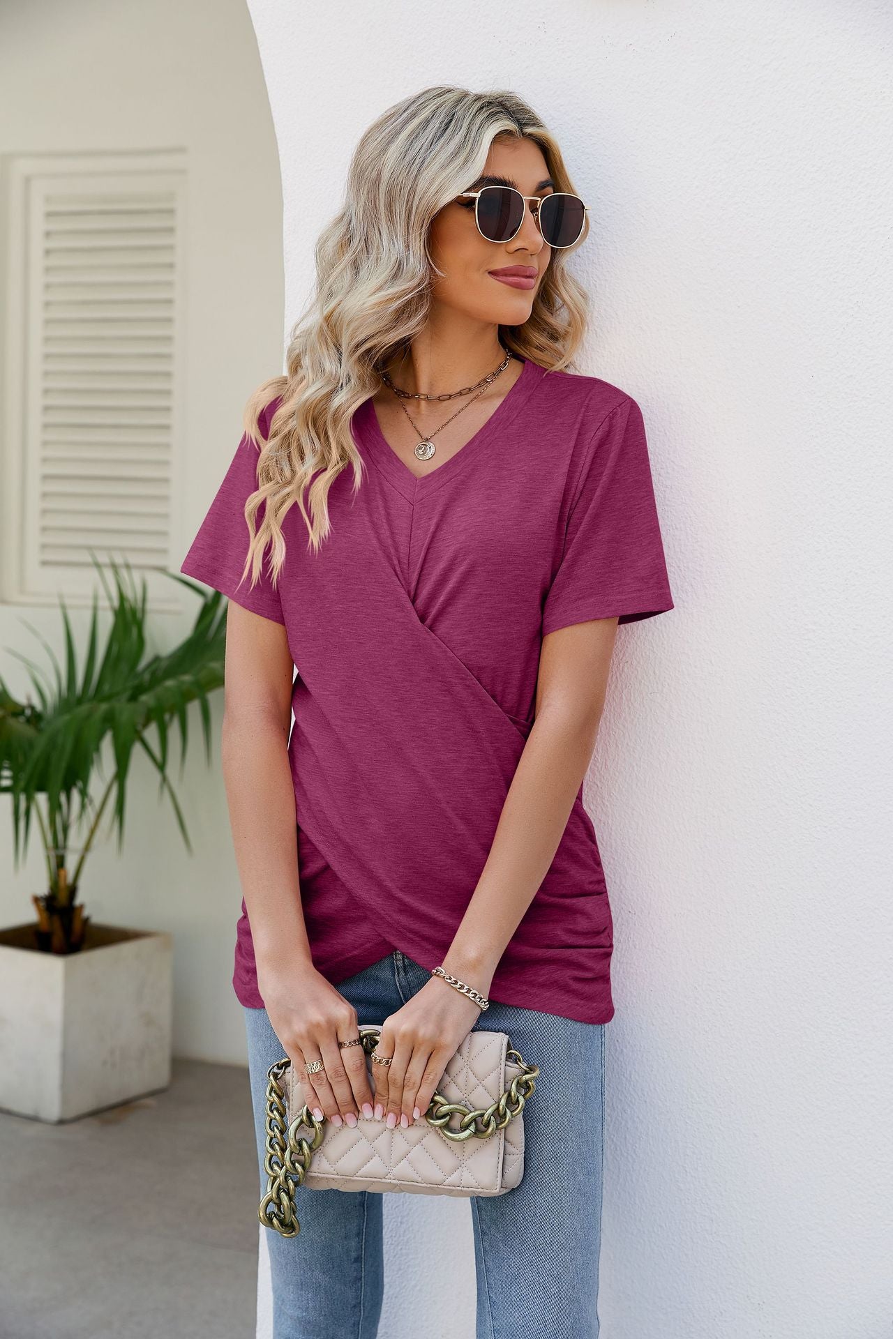 V-Neck Crisscross Short Sleeve Tee - Flyclothing LLC