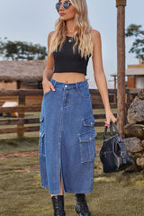 Slit Front Midi Denim Skirt with Pockets - Flyclothing LLC