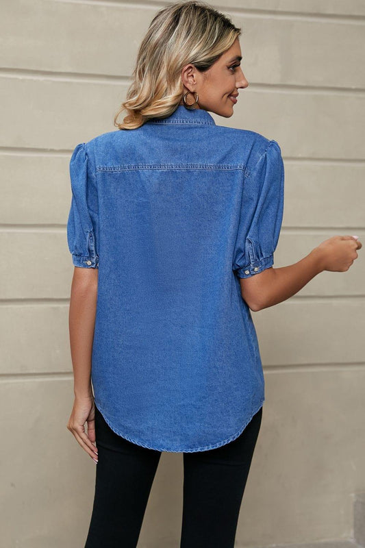 Puff Sleeve Collared Denim Top - Trendsi