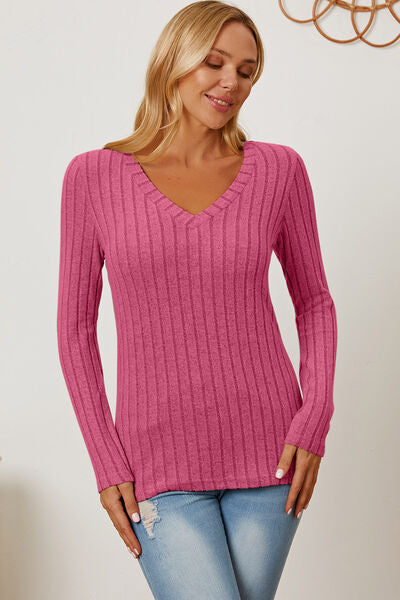 Basic Bae Full Size Ribbed V-Neck Long Sleeve T-Shirt - Flyclothing LLC