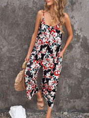 Printed Spaghetti Strap Jumpsuit with Pockets - Flyclothing LLC