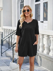 Backless Pocketed Round Neck Half Sleeve Romper - Trendsi