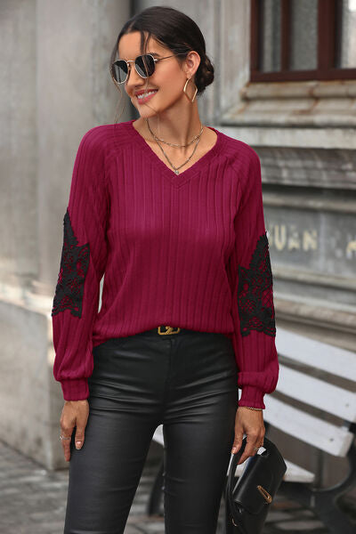 Ribbed Lace Detail V-Neck Sweater – Flyclothing LLC