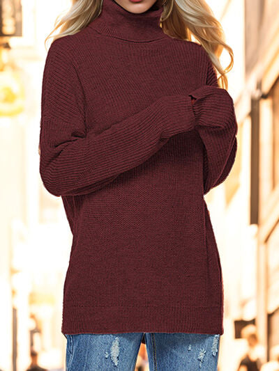 Turtleneck Drop Shoulder Long Sleeve Sweater - Flyclothing LLC