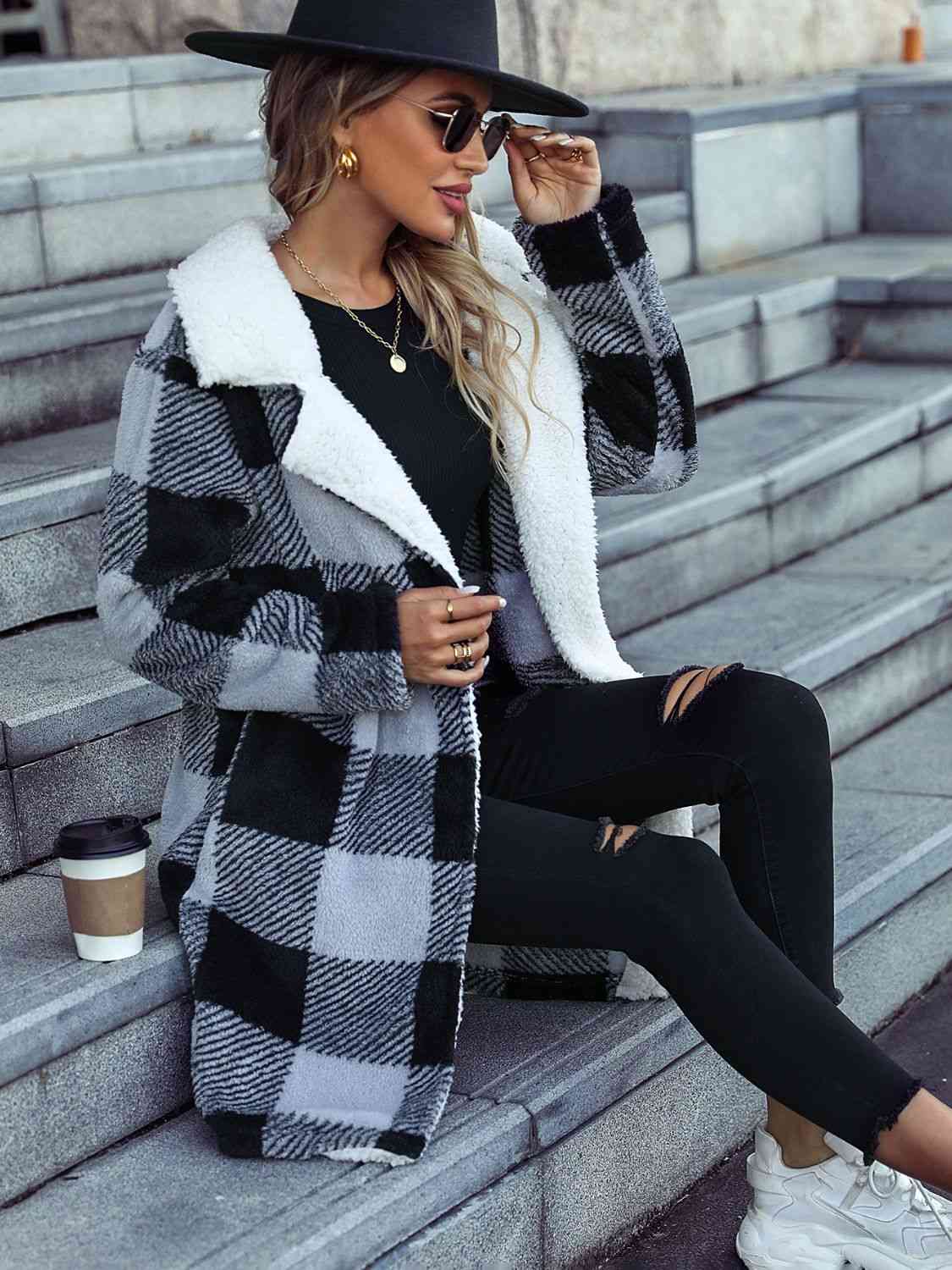 Plaid Open Front Coat with Pockets - Flyclothing LLC