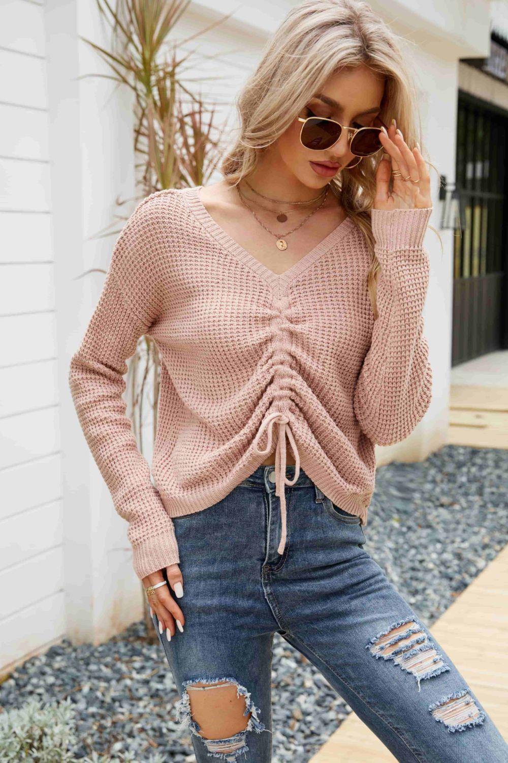 Waffle-Knit Drawstring Detail V-Neck Sweater - Flyclothing LLC