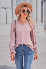 Lace Trim V-Neck Flounce Sleeve Top - Trendsi